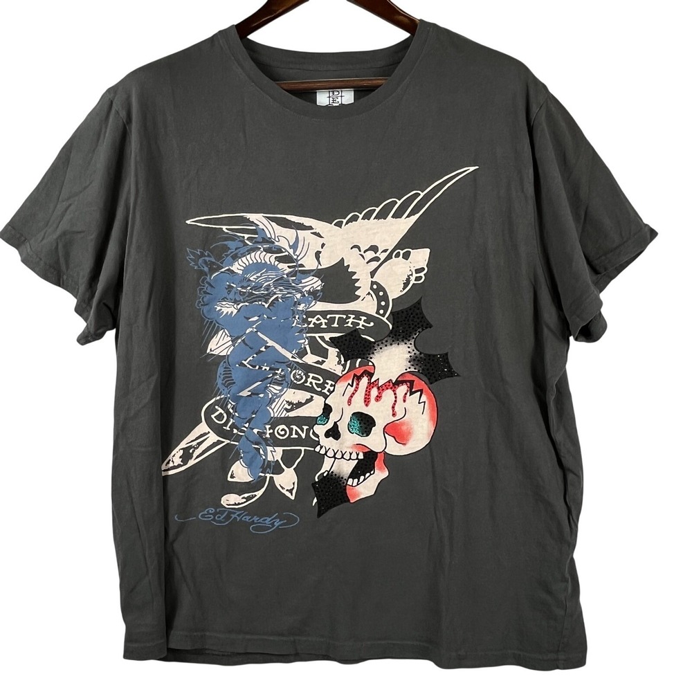 Ed Hardy Mens XL Eagle Skull Death Before Dishonor Grey Graphic Tee Shirt